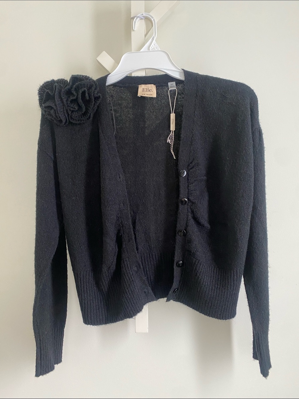 Elie Tahari Black V-Neck Cardigan with Rosette Detail